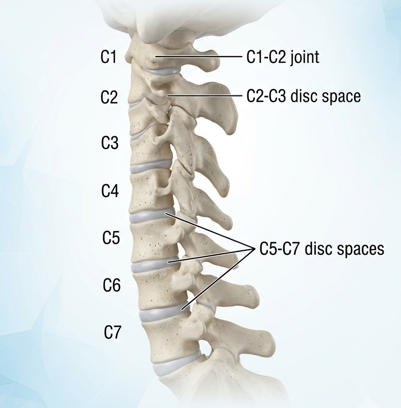 Anatomy of whiplash injury showing C1 to C7 cervical vertebrae