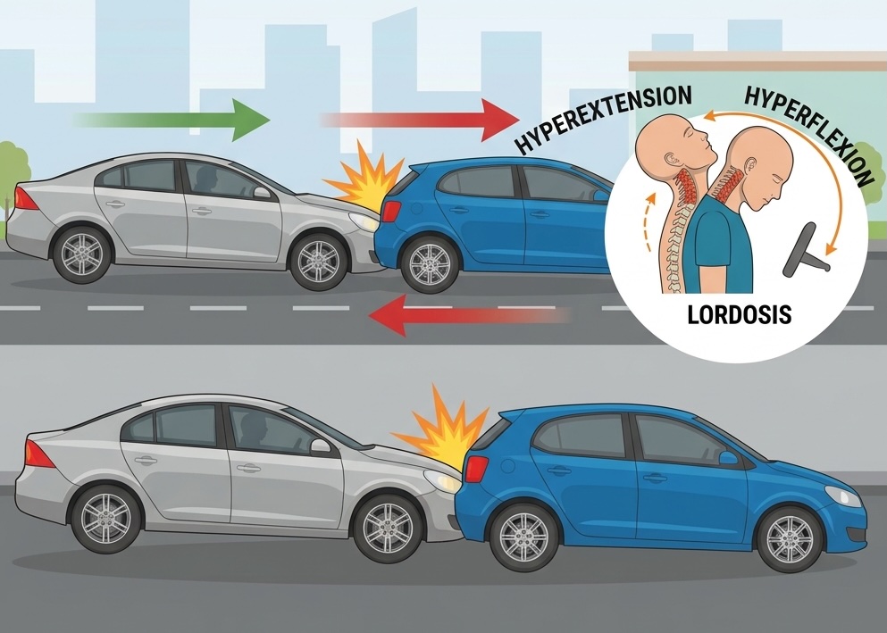 Rear-end collision mechanism causing whiplash hyperextension and hyperflexion