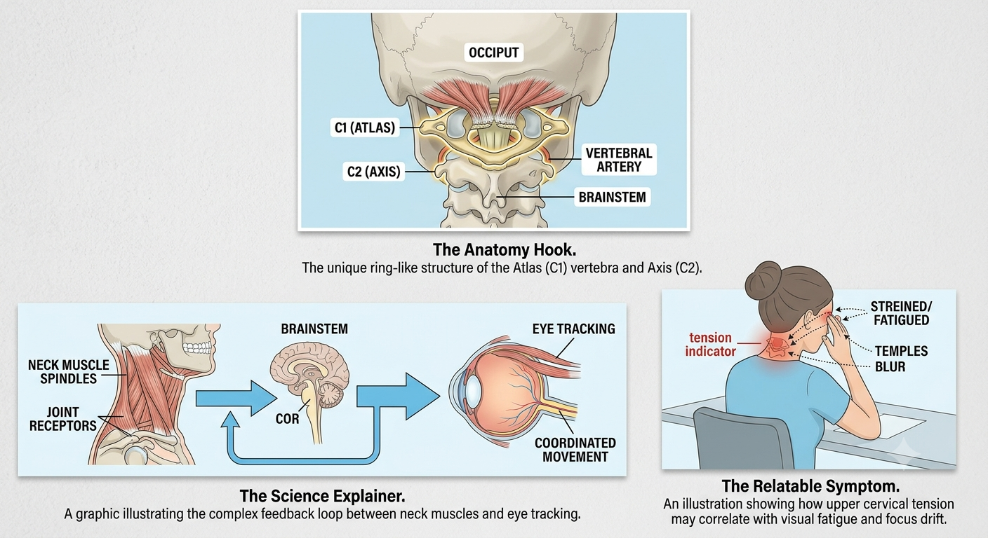 Diagram illustrating the cervico-ocular reflex COR pathway linking neck muscle spindles to eye movement coordination.