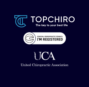 TOPCHIRO logo alongside General Chiropractic Council I'm Registered and United Chiropractic Association badges.